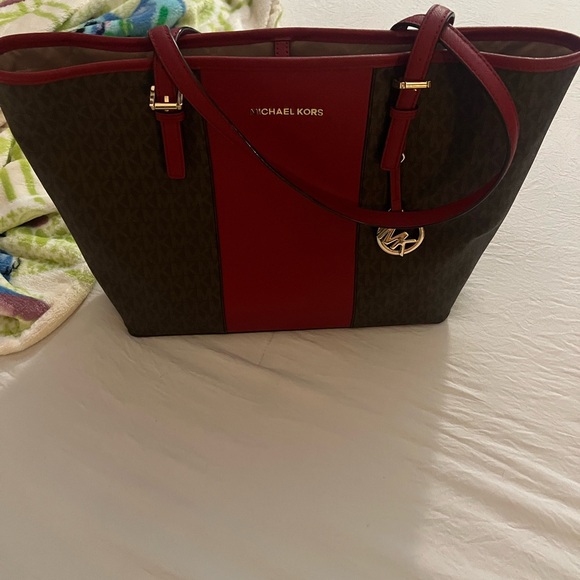 Michael Kors Handbags - Michael Kors Red and Brown Jet Set Travel Tote